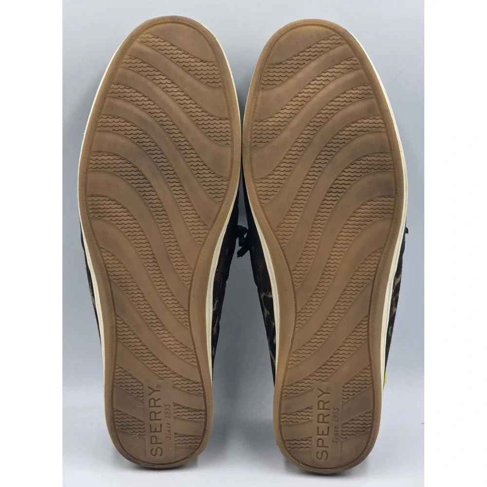 Sperry Songfish Boat Shoes Womens 9.5 Black Leopard Nubuck Leather Lace Up